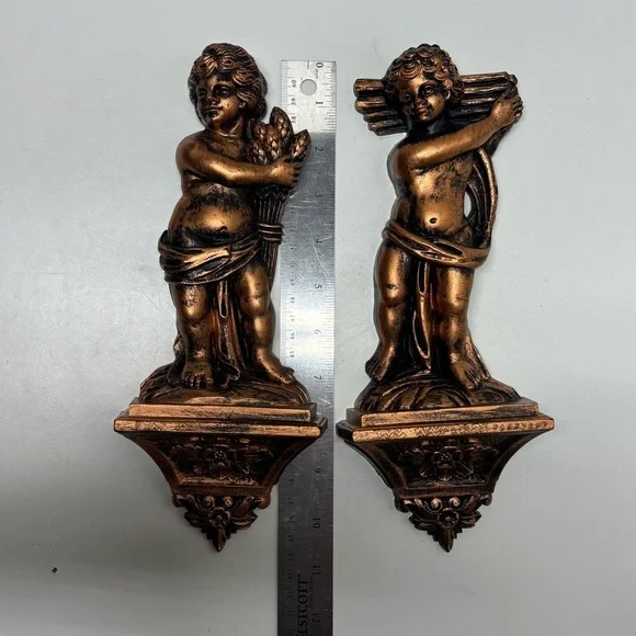 Set of 2 vintage Coppercraft Guild Syroco Cherub wall sconces - Picture 10 of 11
